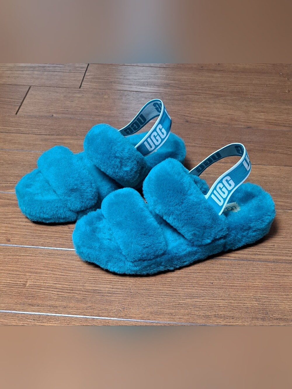 UGG Oh Yeah Fluffy Sheepskin Slingback Sandals "Aquatic Blue" (Turquoise) Size 8 - Picture 3 of 9